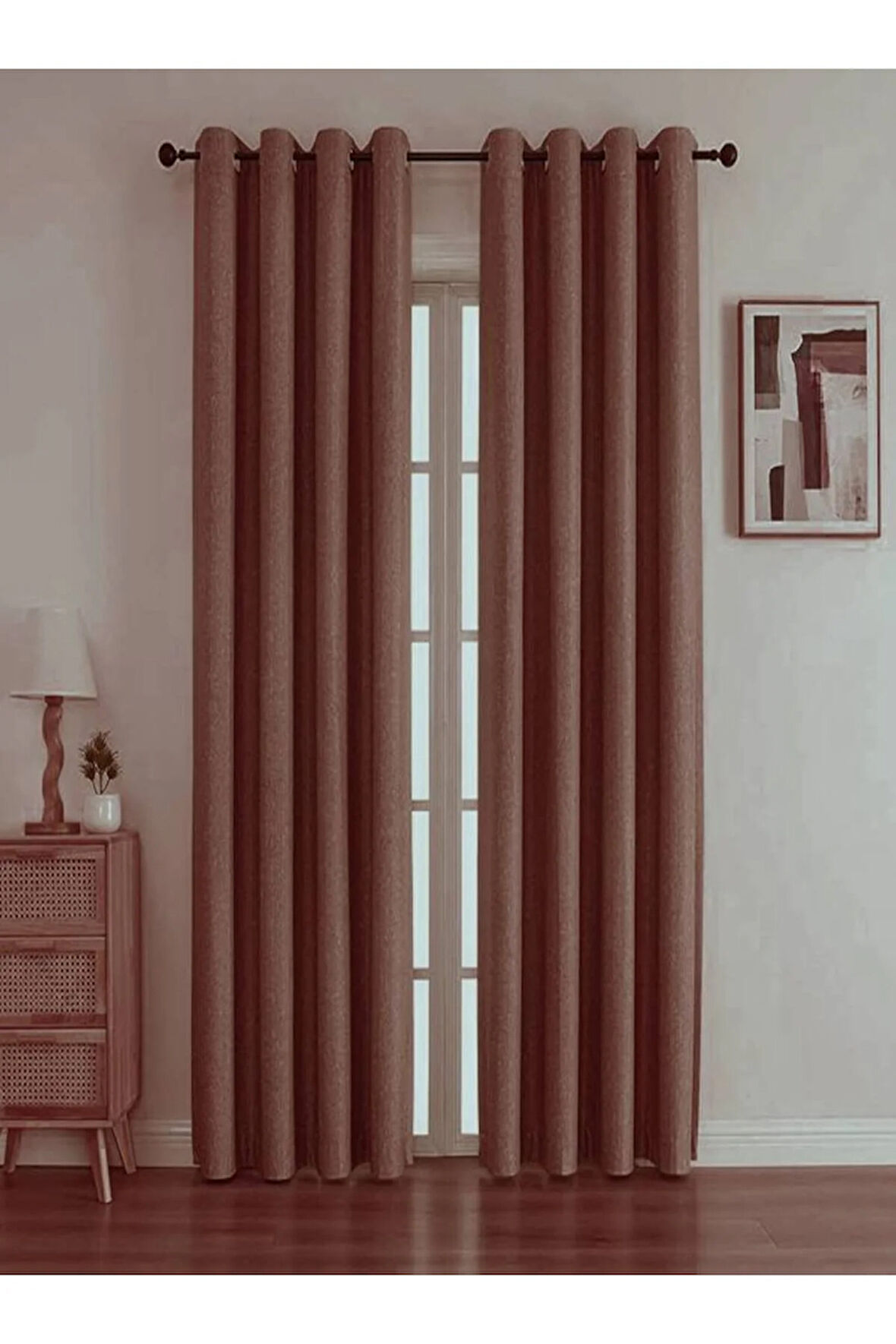 Keten Black Out Mürdüm Renk Rustik Perde Kuşgözü Halkalı Boru Halka Dekoring Perde