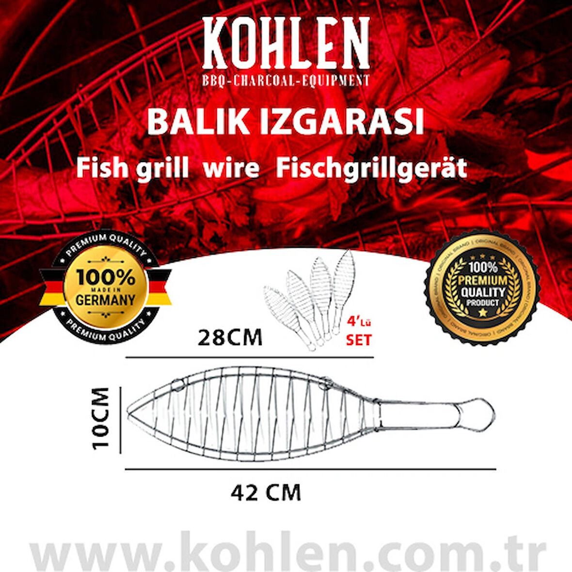 KOHLEN Fischbrater Balık Izgara Teli 4'lü Set