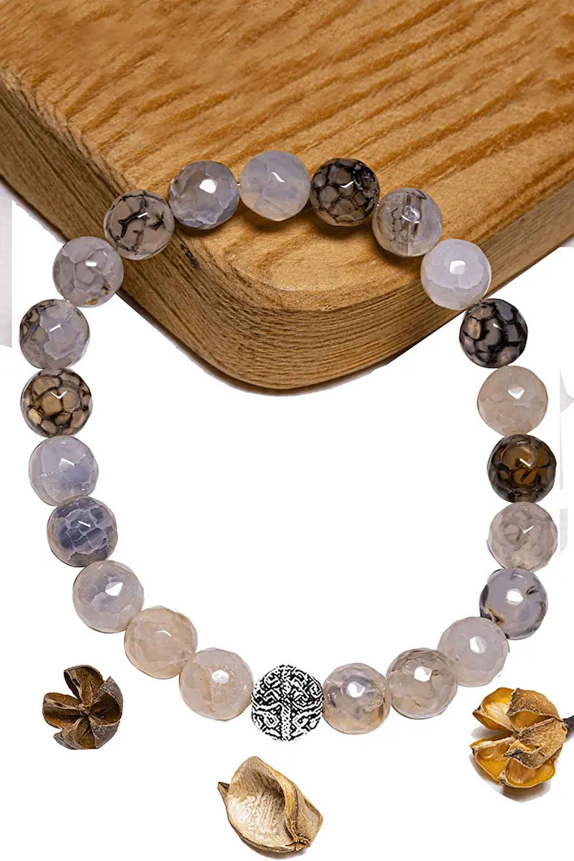 Sertifikalı Fasetli Aaa+ Siyah Beyaz Çizgili Akik Taşı Bileklik - Gümüş Aparatlı