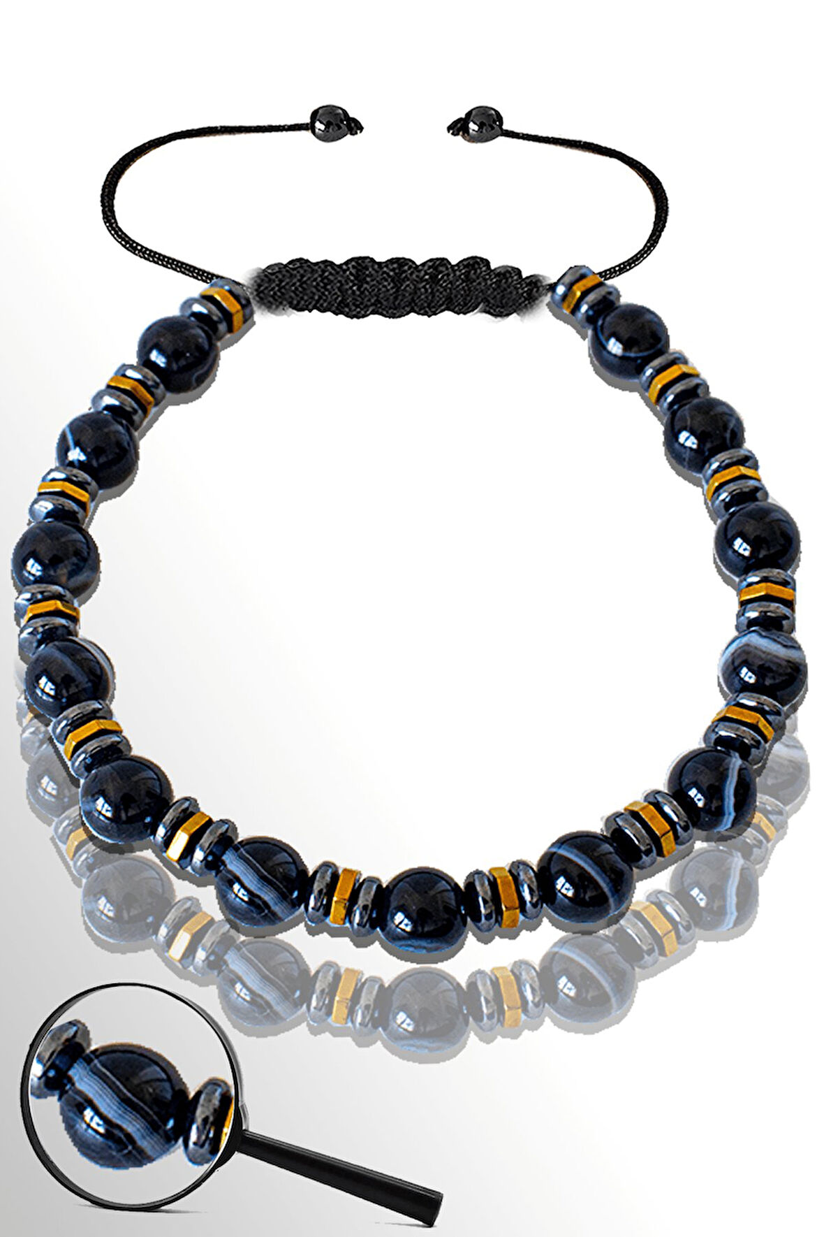 Sertifikalı Gold Hematitli 6 Mm Doğal Siyah Göz Akik Taşı Bileklik - Göz Akiği