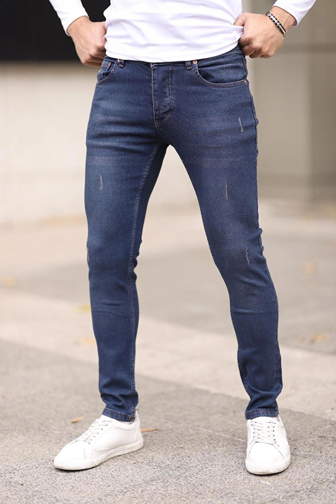 Erkek Kahve Jean Slim Fit Dar Paça Likralı Esnek Kot Pantolon