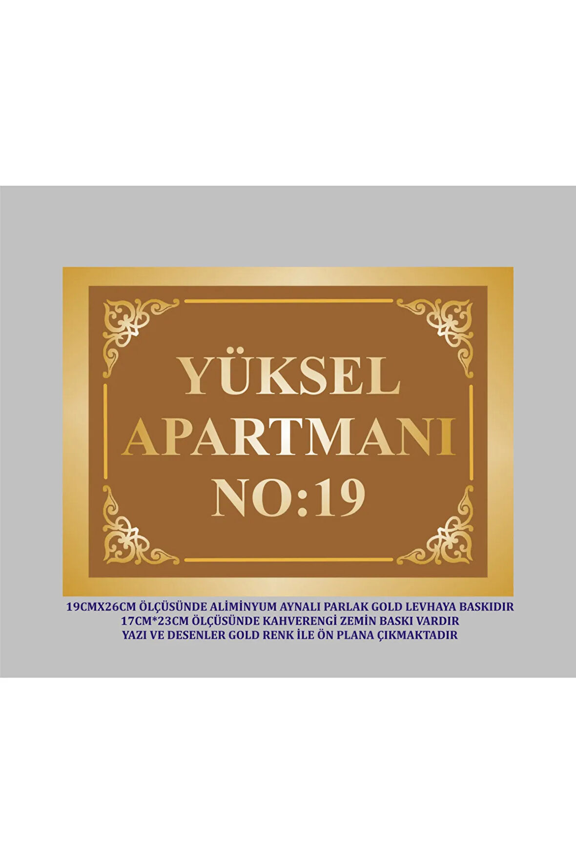 Apartman Kapı İsimliği Aynalı Gold Levhaya Kahverengi zeminli 19x26cm ölçüsünde