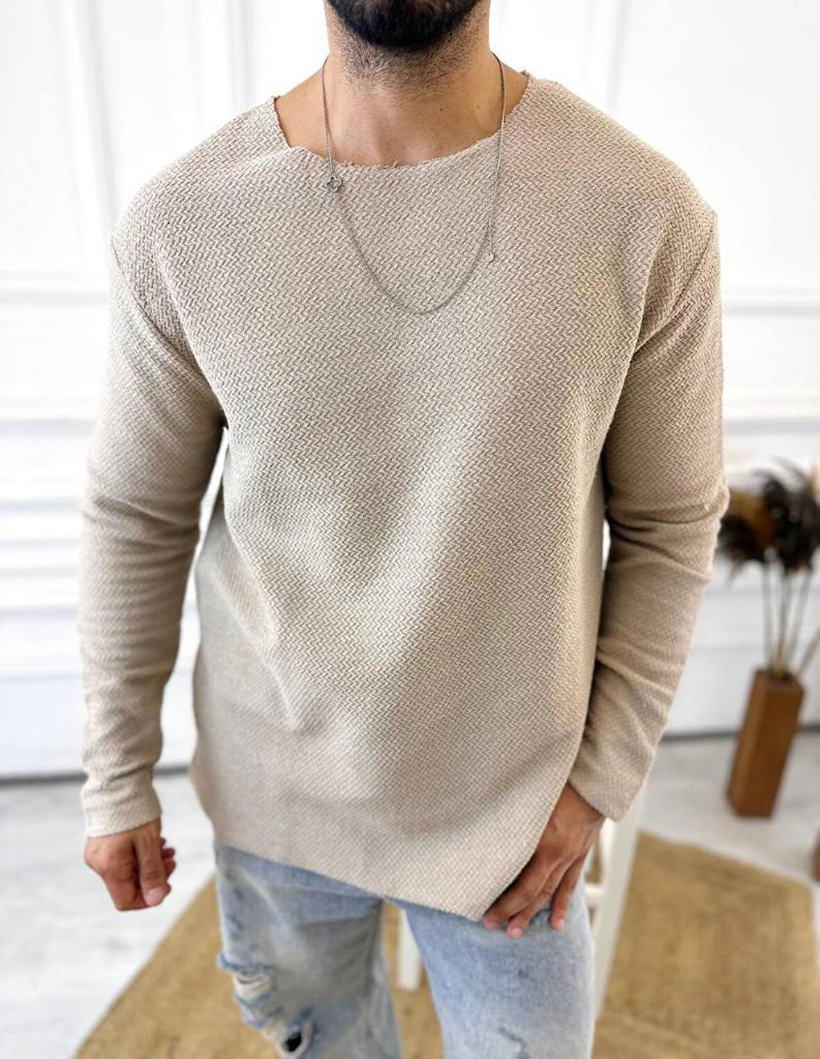 Kazak Oversize Tüylenmez Lazer Kesim Örme Keten Naturel Pamuk Karışımı Sweatshirt