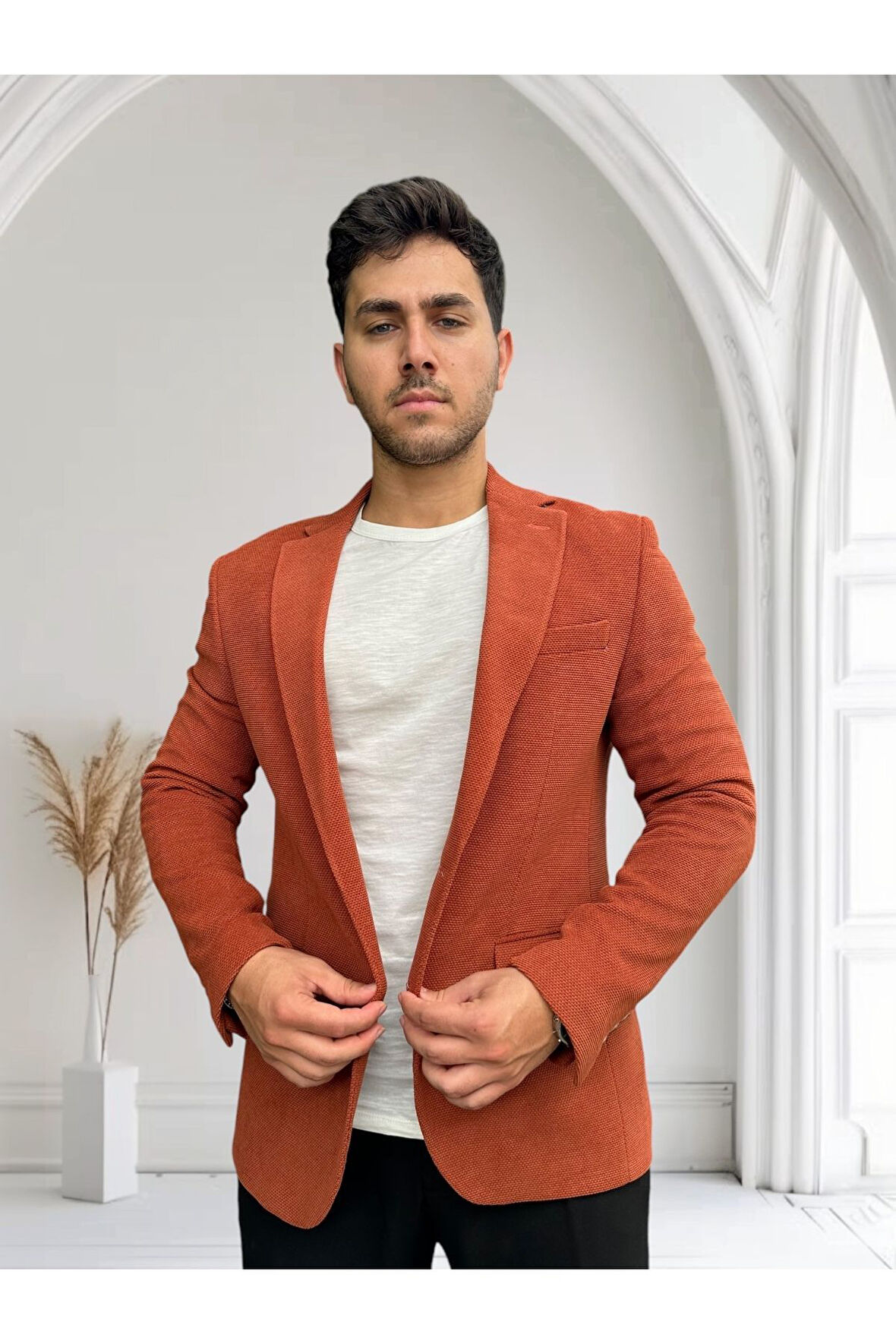 Açık Kahverengi Petek Dokulu Erkek Blazer Spor Ceket