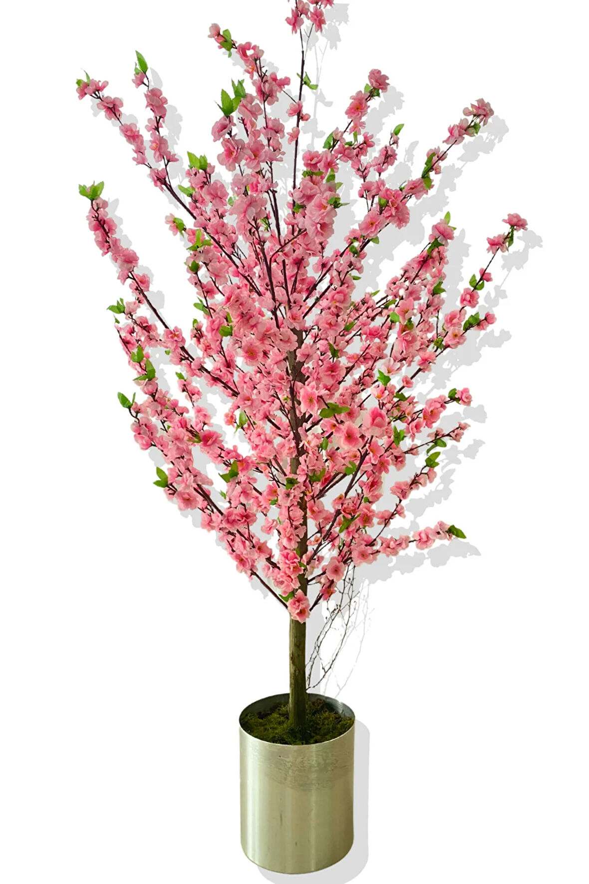 KİRAZ ÇİÇEK PEMBE BAHAR DALI YEŞİL DETAYLI 180 CM 25X25 GALVANİZ SAKSI