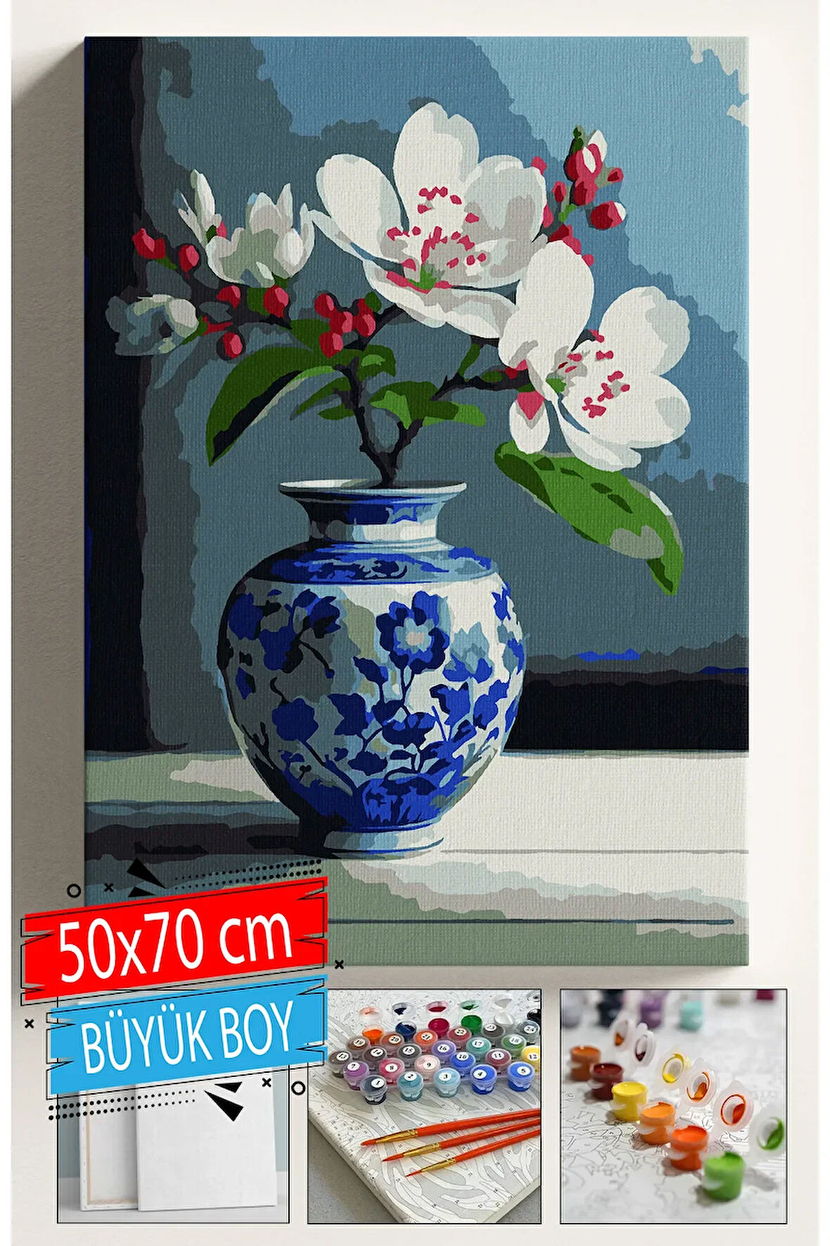 Sayılarla Boyama Seti Numaralı Tuval Fırça Boya Dahil Kasnaklı Set 50x70 Cm - KİRAZ VAZO 2