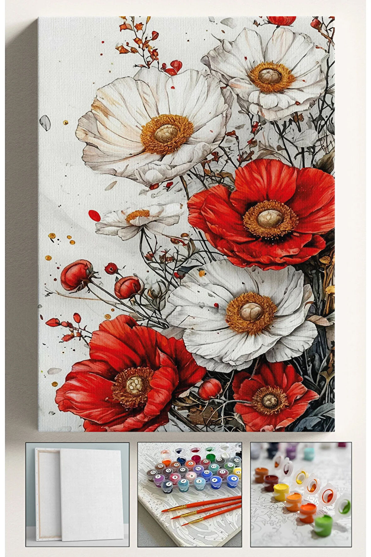 Sayılarla Boyama Hobi Seti Çerçeveli Numaralı Tuval Fırça Boya Kasnaklı KIRMIZI GELİNCİK 40x50 Cm