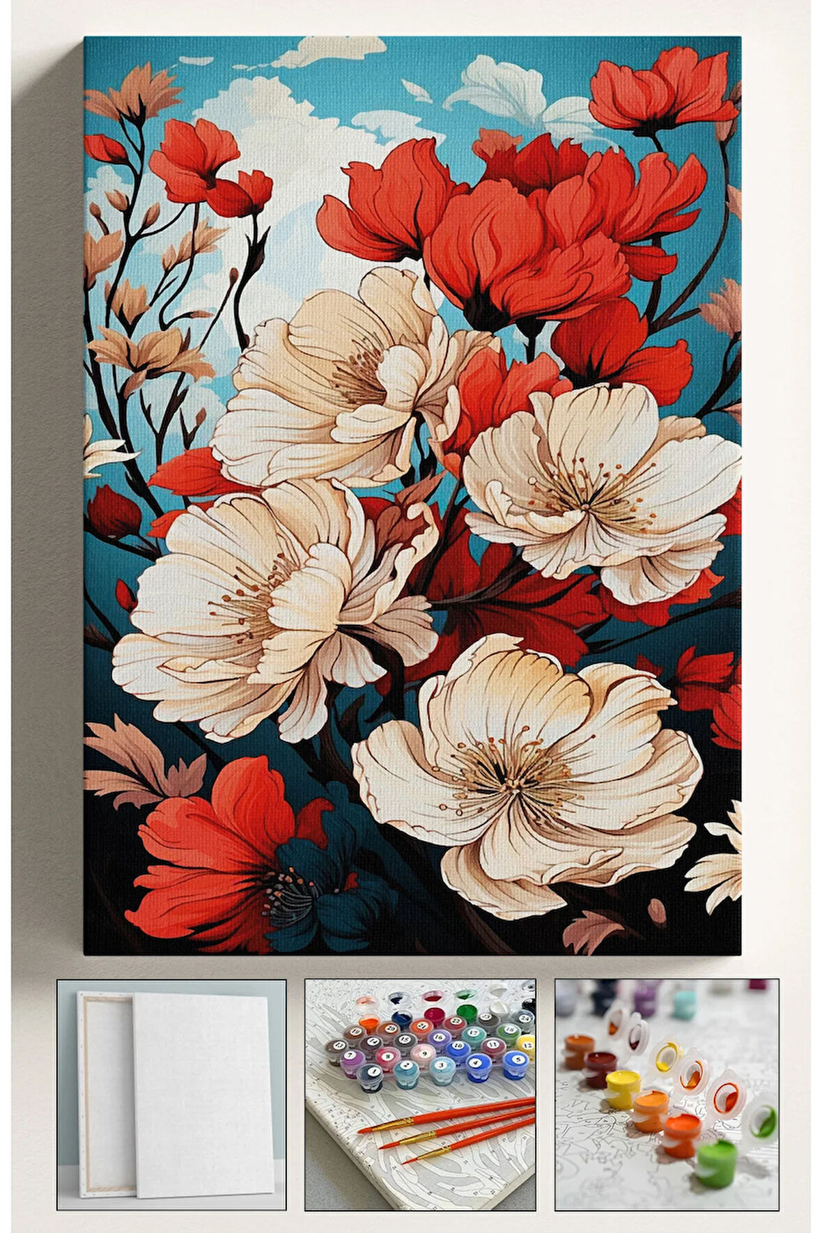 Sayılarla Boyama Hobi Seti Çerçeveli Numaralı Tuval Fırça Boya Kasnaklı KIRMIZI ORTANCA 40x50 Cm