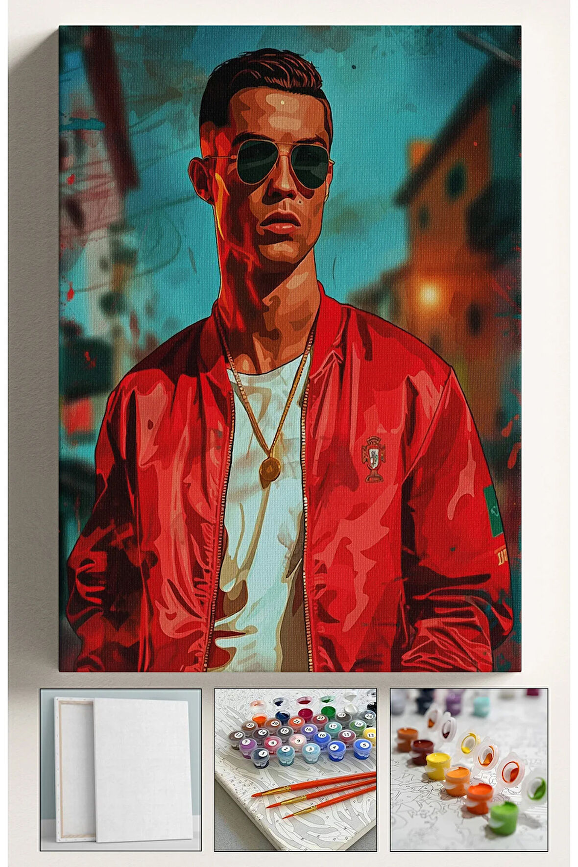 Sayılarla Boyama Hobi Seti Çerçeveli Numaralı Tuval Fırça Boya Dahil Kasnaklı RONALDO 40x50 Cm