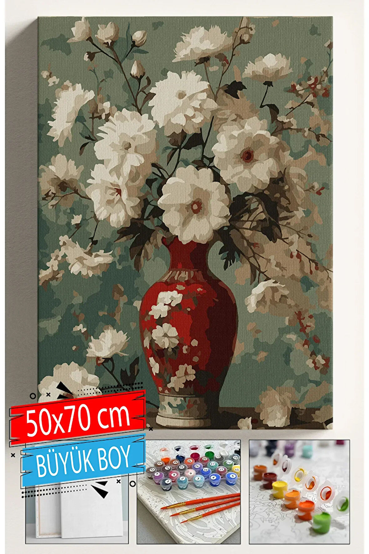 Sayılarla Boyama Seti Numaralı Tuval Fırça Boya Dahil Kasnaklı Set 50x70 Cm - KIRMIZI VAZO