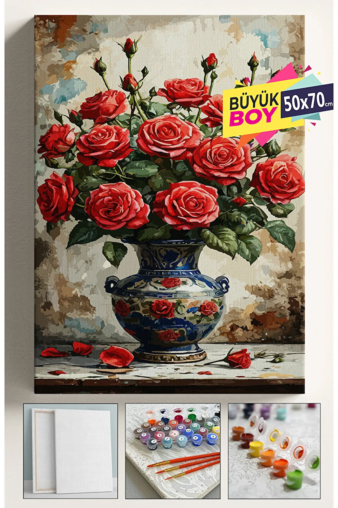 Sayılarla Boyama Seti Numaralı Tuval Fırça Boya Dahil Kasnaklı Set 50x70 Cm - KIRMIZI VAZO GÜL