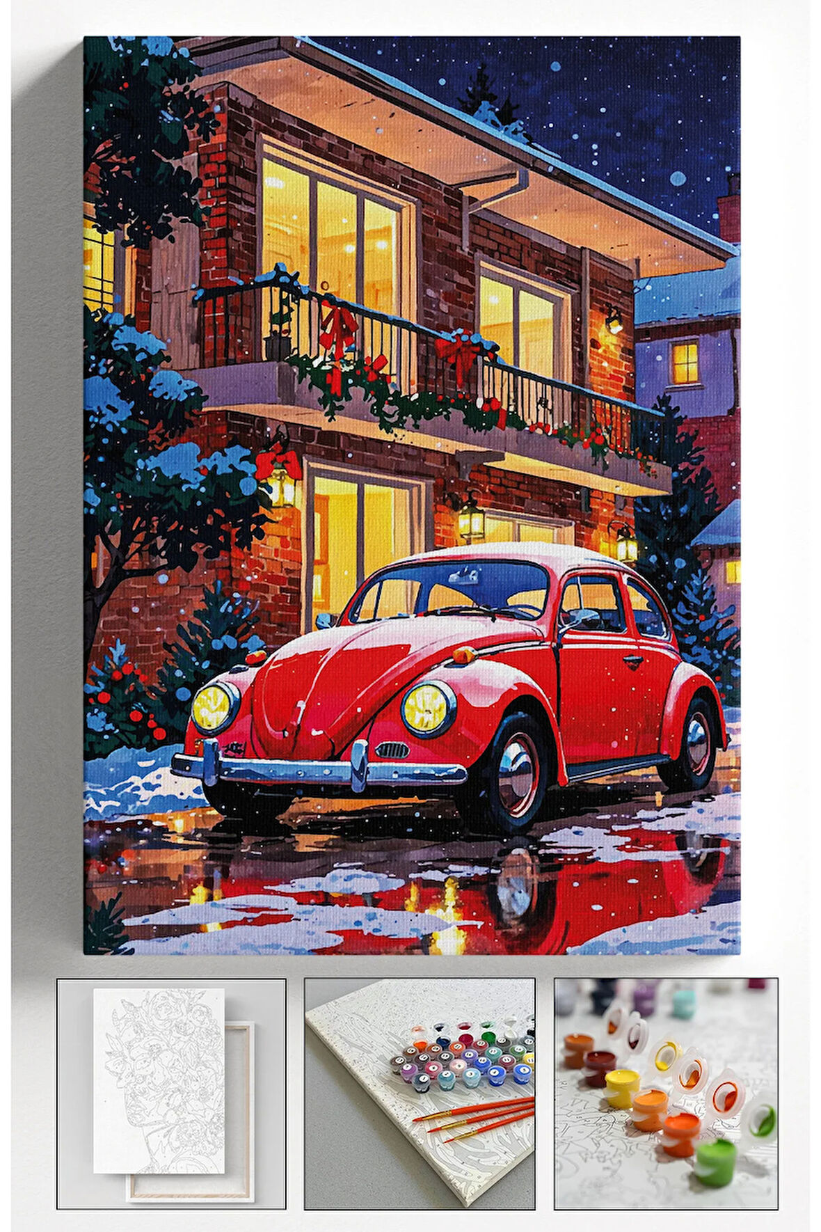 ayılarla Boyama Kasnaklı Tablo Seti Fırça Boya Dahil KIRMIZI VOSVOS 40x50