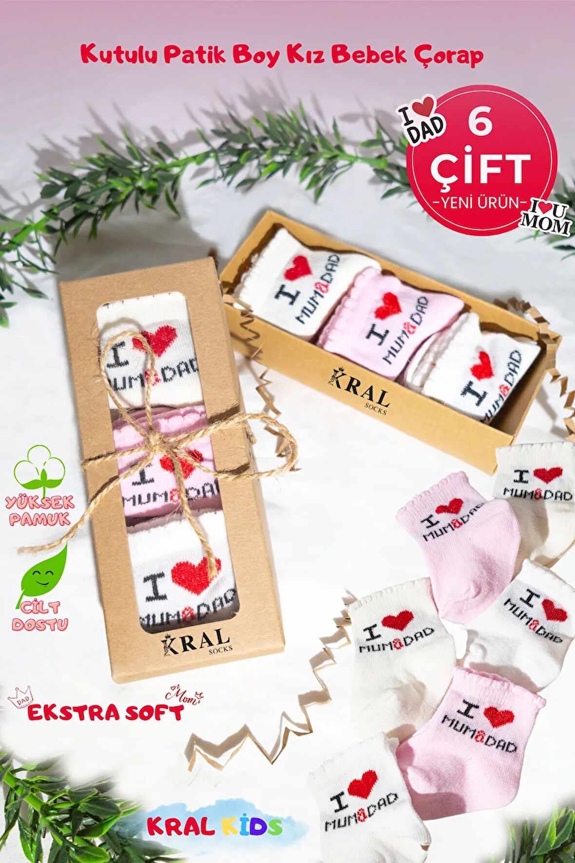 6 Çift Kız Bebek Çorap Kutulu Patik Boy – I Love Mum Dad Desenli, Pamuklu