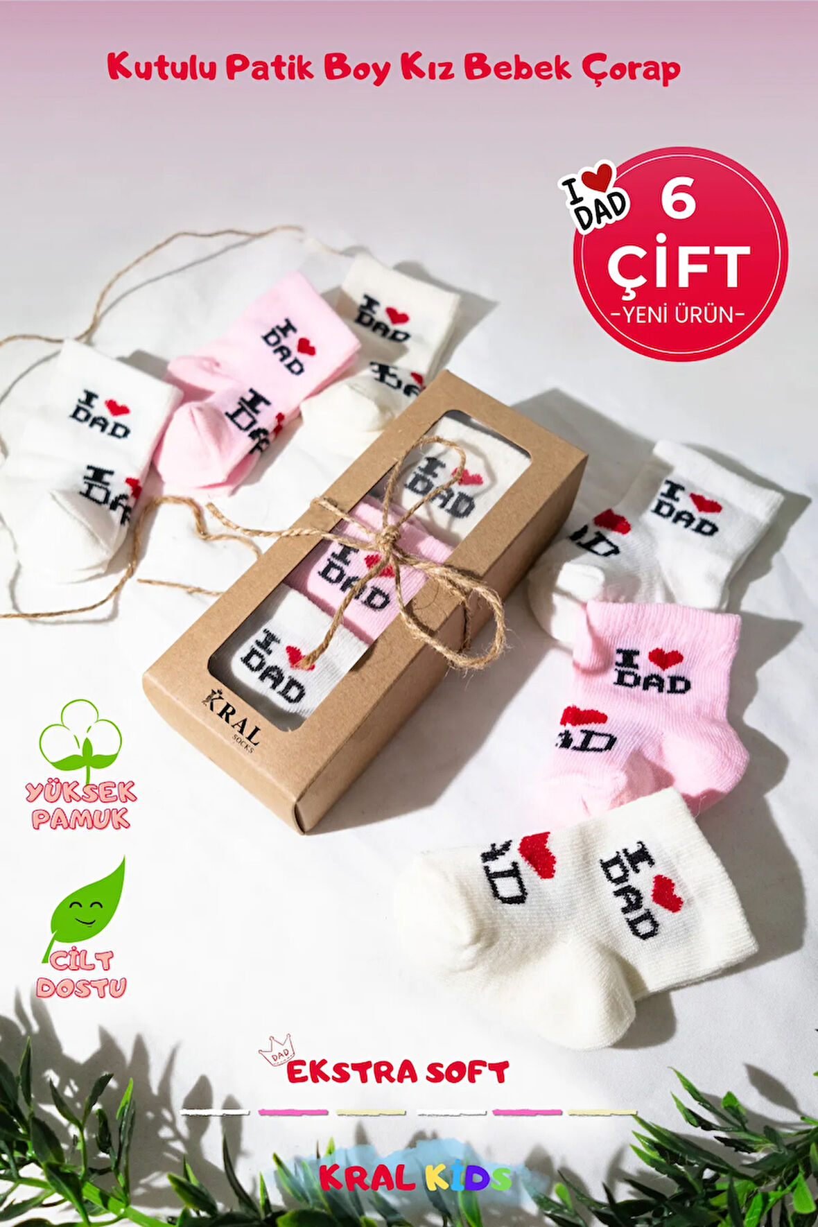 6 Çift Kız Bebek Çorap Kutulu Patik Boy – I Love Dad Desenli, Pamuklu