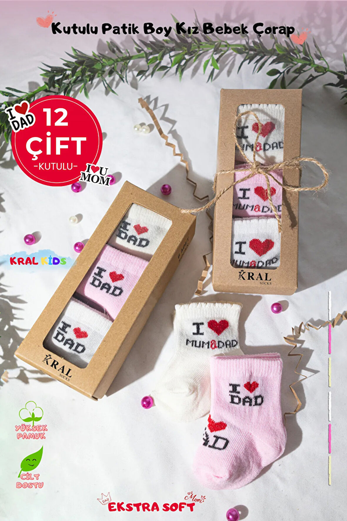 12 Çift Kız Bebek Çorap Kutulu Patik Boy – I Love Mom Dad Desenli, Pamuklu