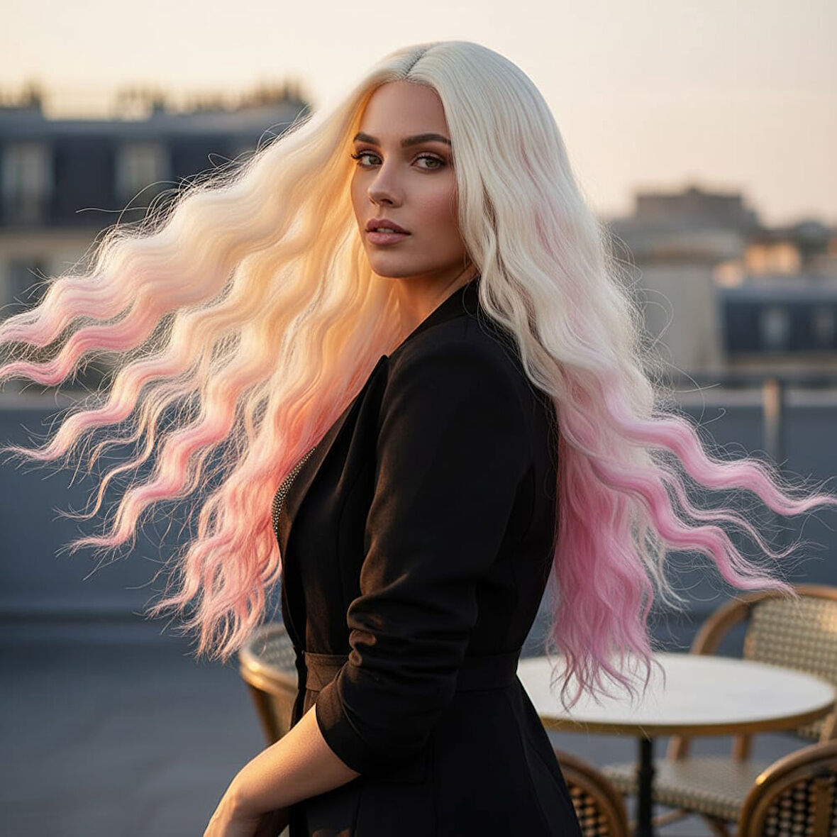 Fiber Sentetik Uzun Su Dalgası Peruk / Platin / Pembe Ombreli