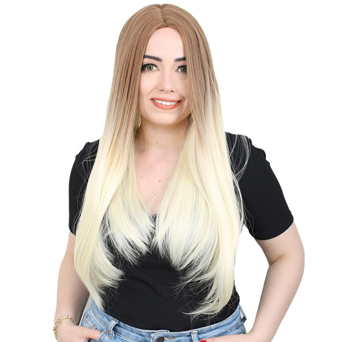 Fiber Sentetik Uzun Düz Peruk / Balköpüğü / Platin Ombreli