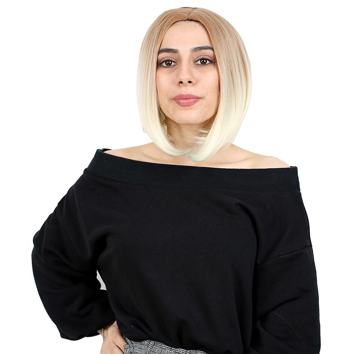 Kahkülsüz Düz Kısa Fiber Sentetik Peruk / Balköpüğü / Platin Ombreli