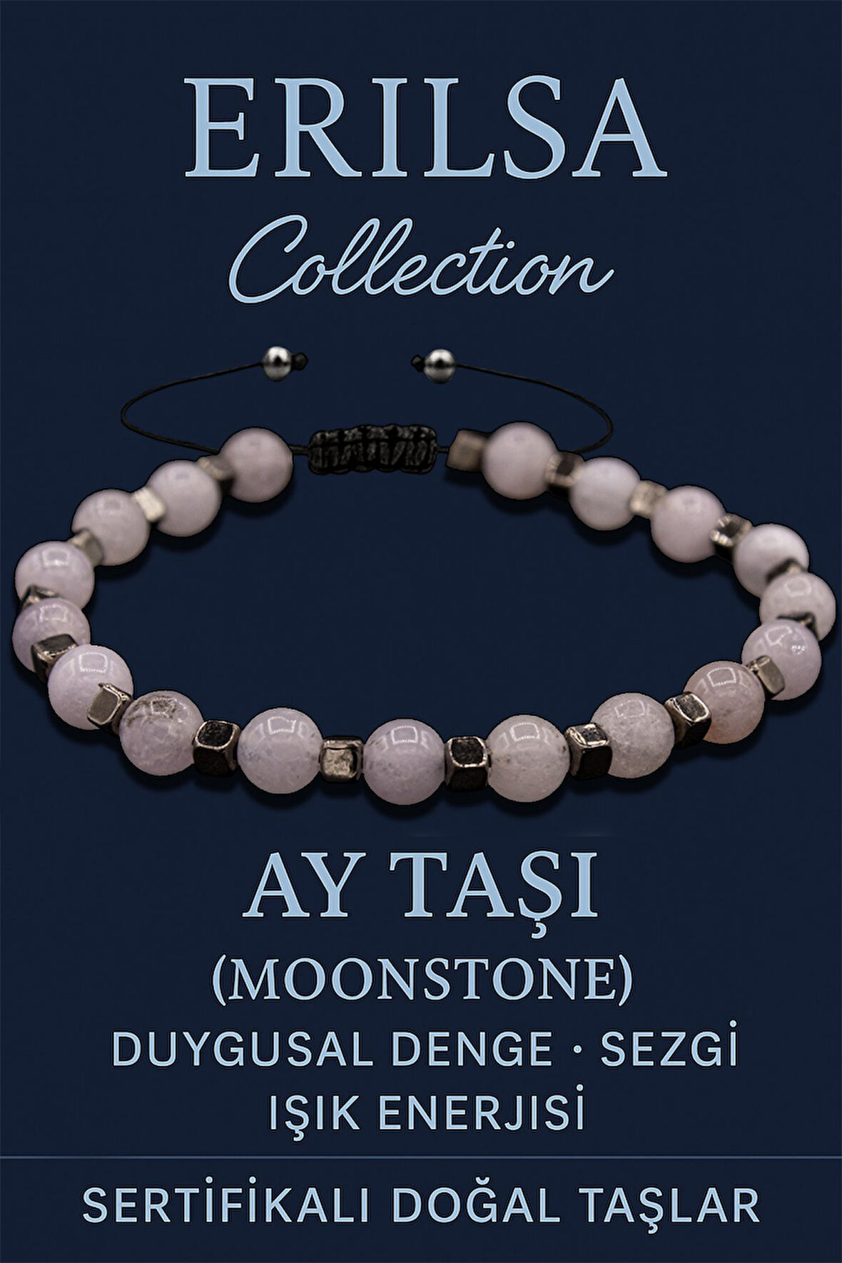 Sertifikalı 6mm Terahertz & Ay Taşı Bileklik – Duygusal Denge ve Koruyucu Enerji