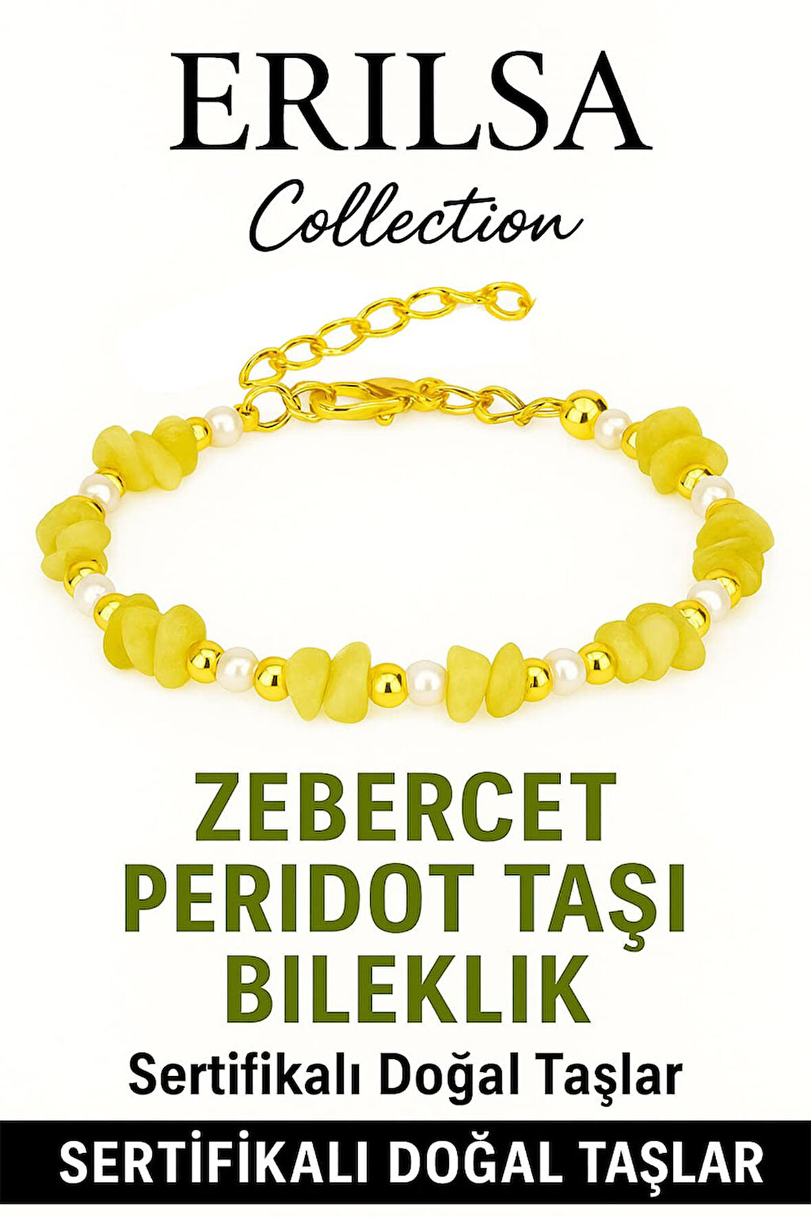 Sertifikalı Kırık Taşlı Model İnci – Zebercet (Peridot) Taşı Bileklik – Denge ve Canlılık Enerjisi