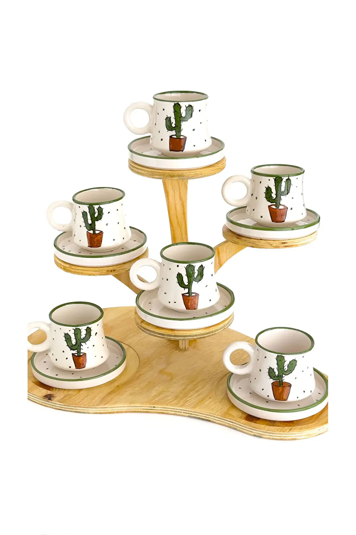 6’lı Takım Kaktüs Desenli El Yapımı kazan Seramik Kahve Fincanı, Kahve Fincanı
