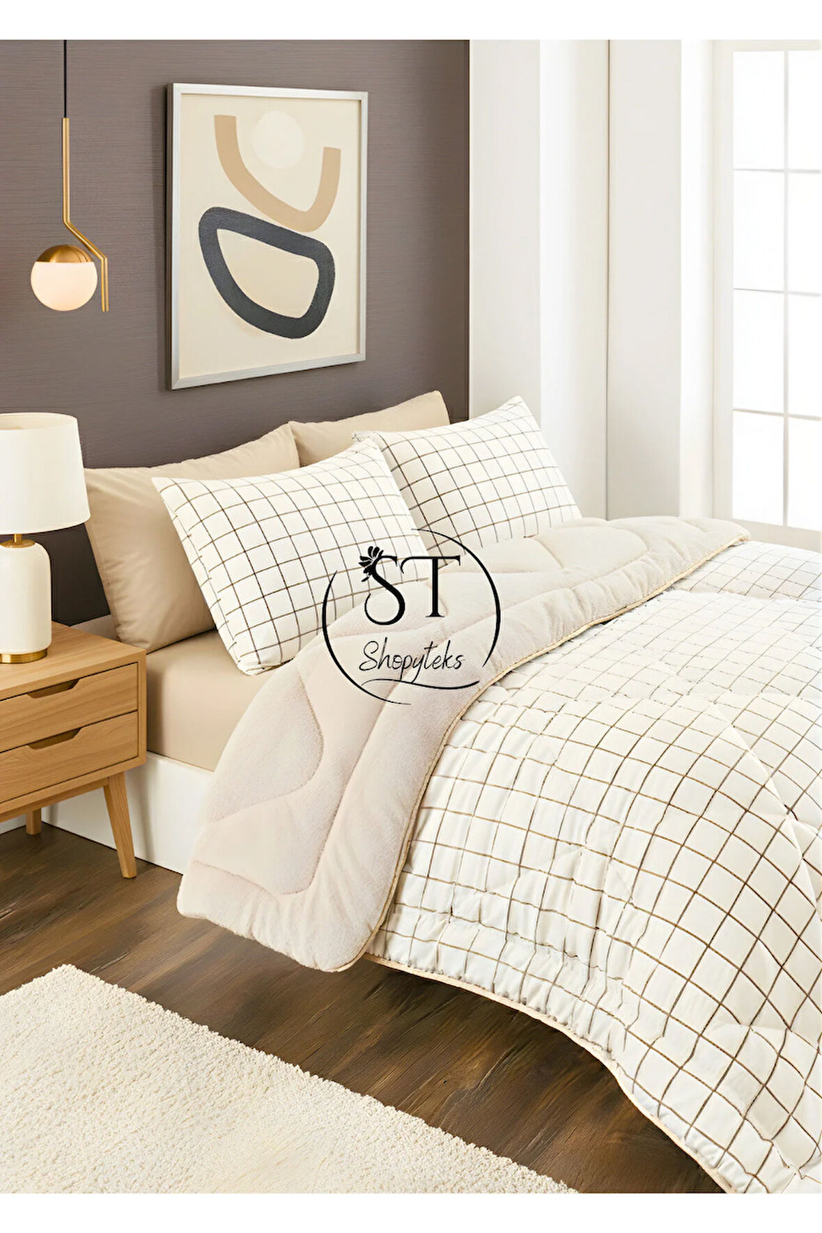 Çift kişilik Krem Kare Welsoft Uyku Seti Çift Taraflı 195x215 - 4 Adet Yastık Kılıfı