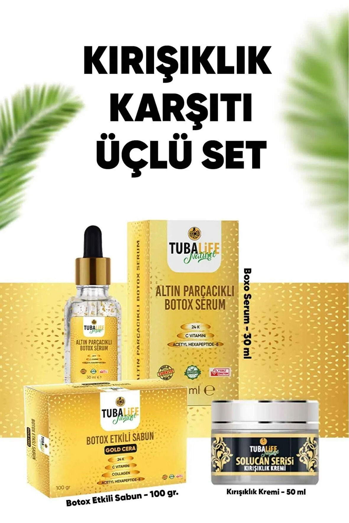 3'lü Kırışıklık Karşıtı Set - Kırışıklık Kremi, Botoks Etkili - 24k Altın Parçacıklı Serum ve Sabun