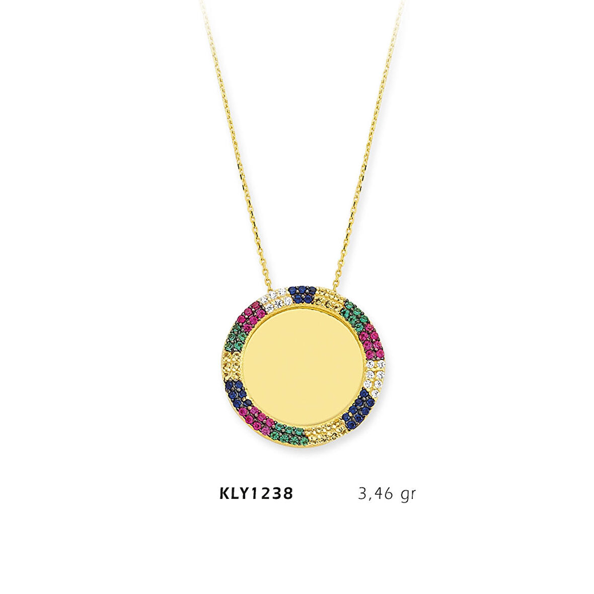 Renkli Taşlı Yuvarlak Plaka Kolye