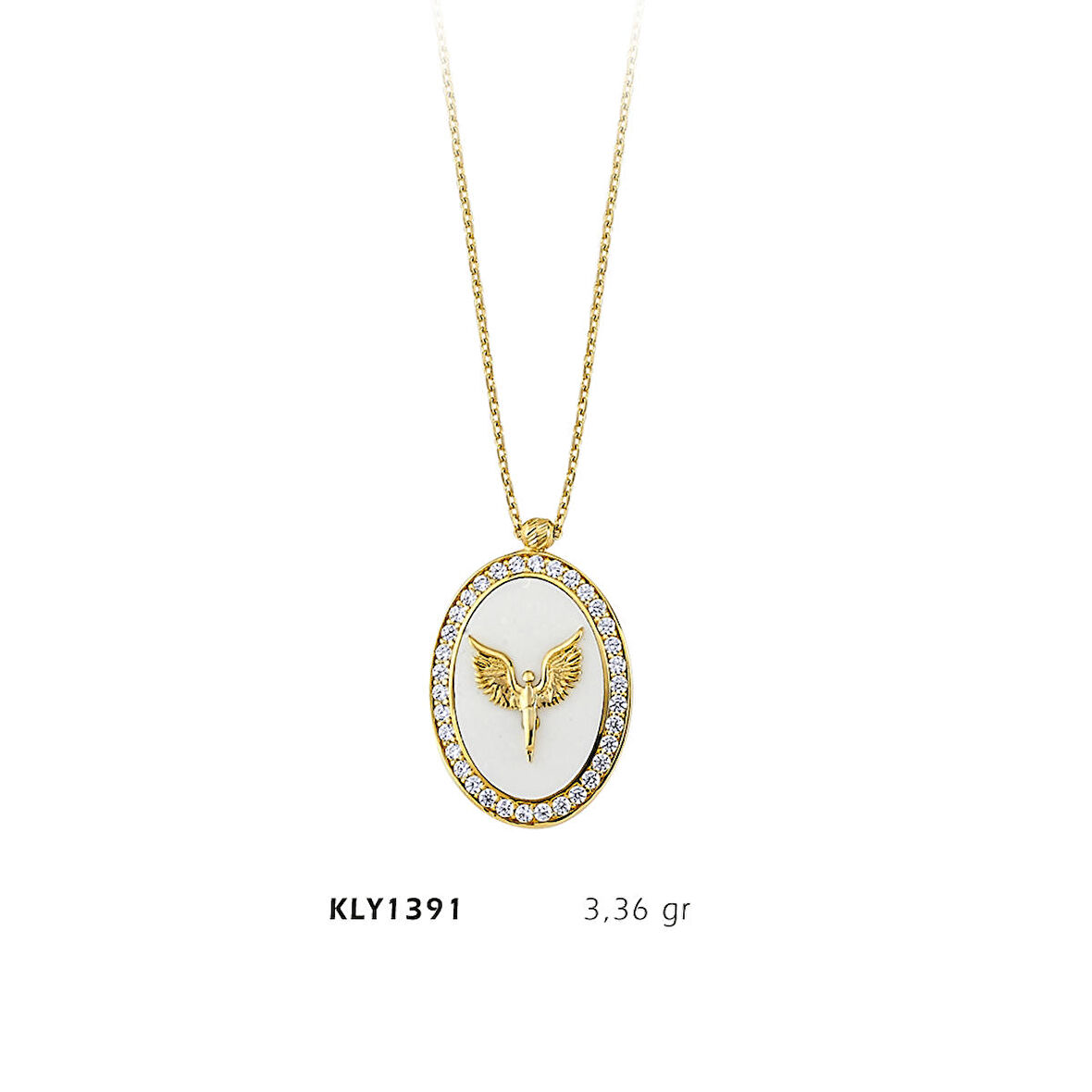 Beyaz Mineli Melek Figürlü Kolye