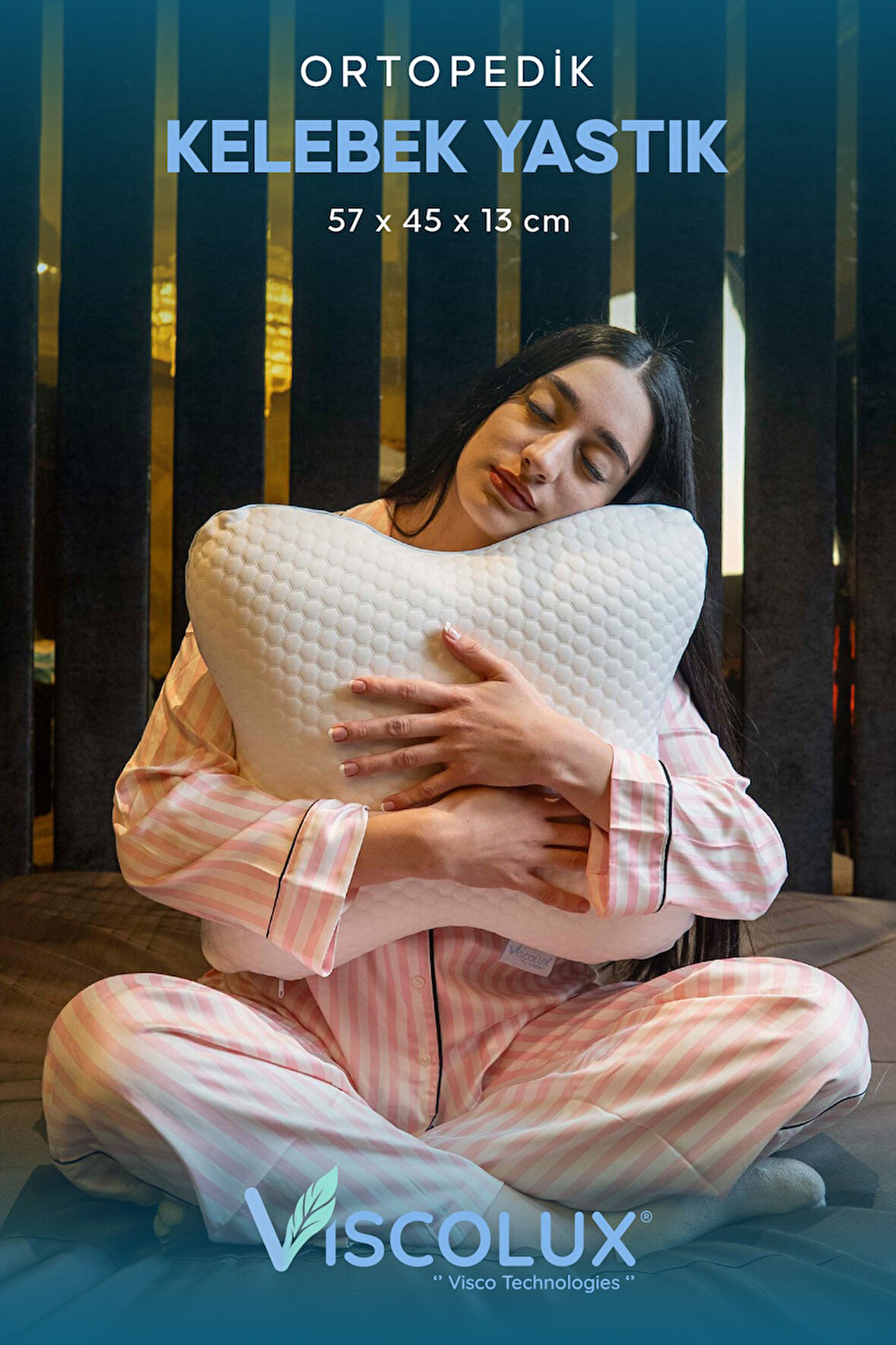 Visco Kelebek Yastık - Özel Ortopedik Boyun Destekli Visco Yastık Pembe 57x45x13