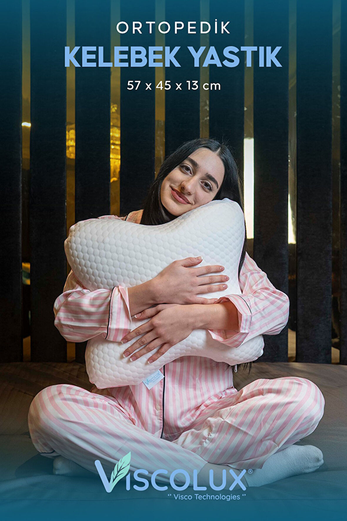 Visco Kelebek Yastık - Özel Ortopedik Boyun Destekli Visco Yastık Pembe 57x45x13