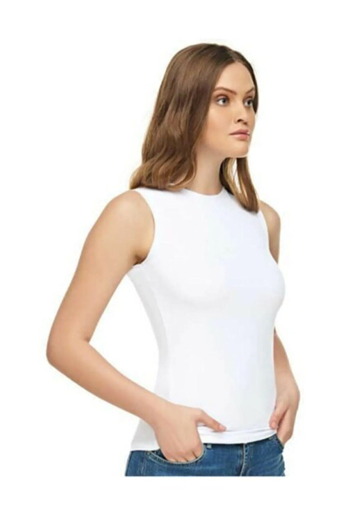 Kadın Beyaz Elastan Sıfır Kol Atlet 3'lü 2201