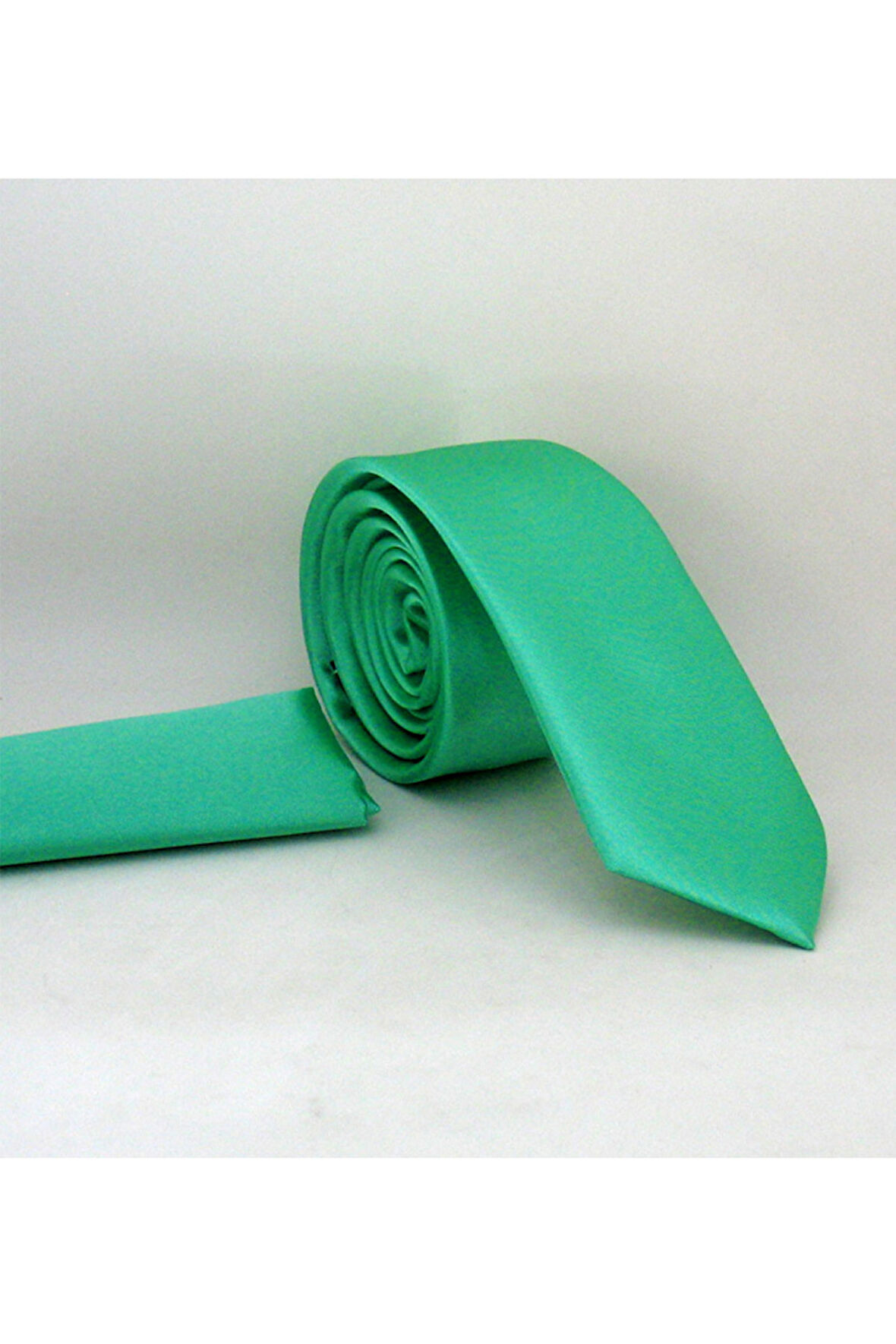 Mint Yeşili Slim Fit (ince) Düz Renk Mendilli Saten Kravat - SS-43