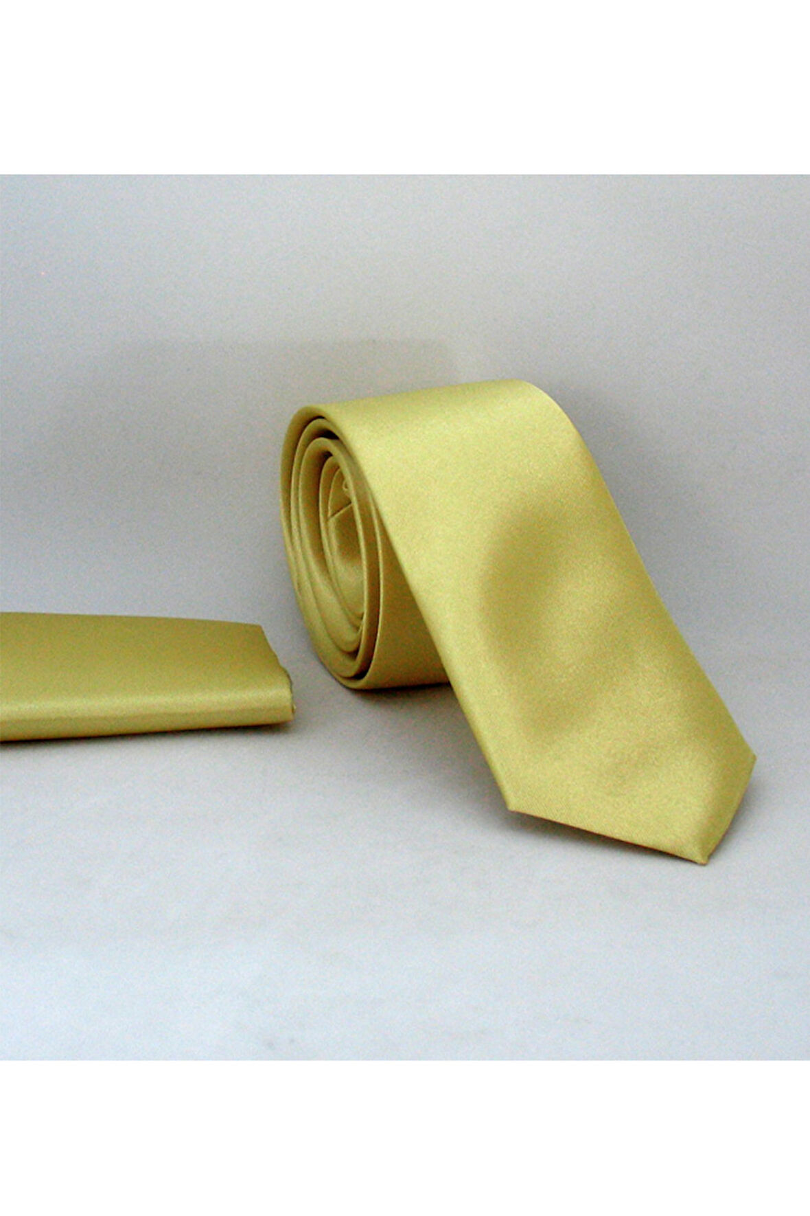 Açık Gold Slim Fit (ince) Düz Renk Mendilli Saten Kravat - SS-36