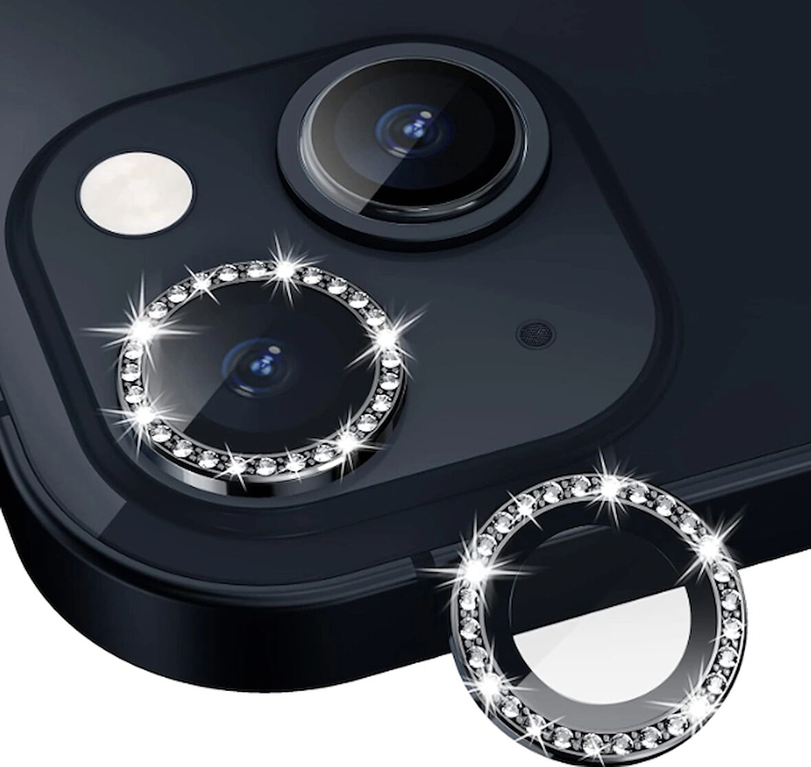 iPhone 13  / 13 mini için Kamera Koruyucu Taşlı ve Metal Lens Koruyucu Siyah