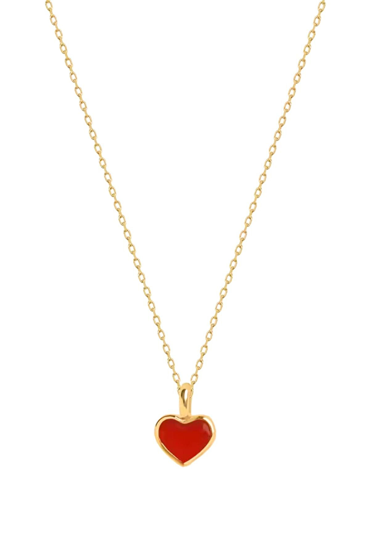 Kırmızı Mineli Kalp Altın Kolye