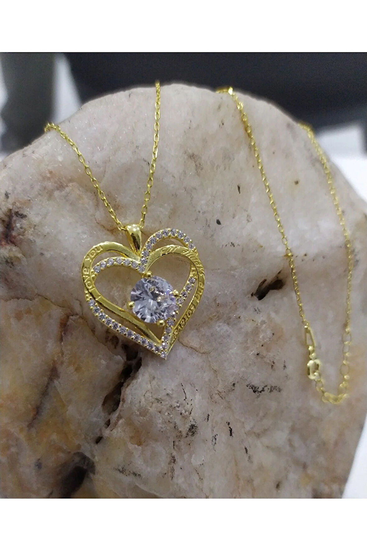 Modahilye 925 Ayar Gümüş Kalpli Tektaş Altın Kaplama Renk Kolye