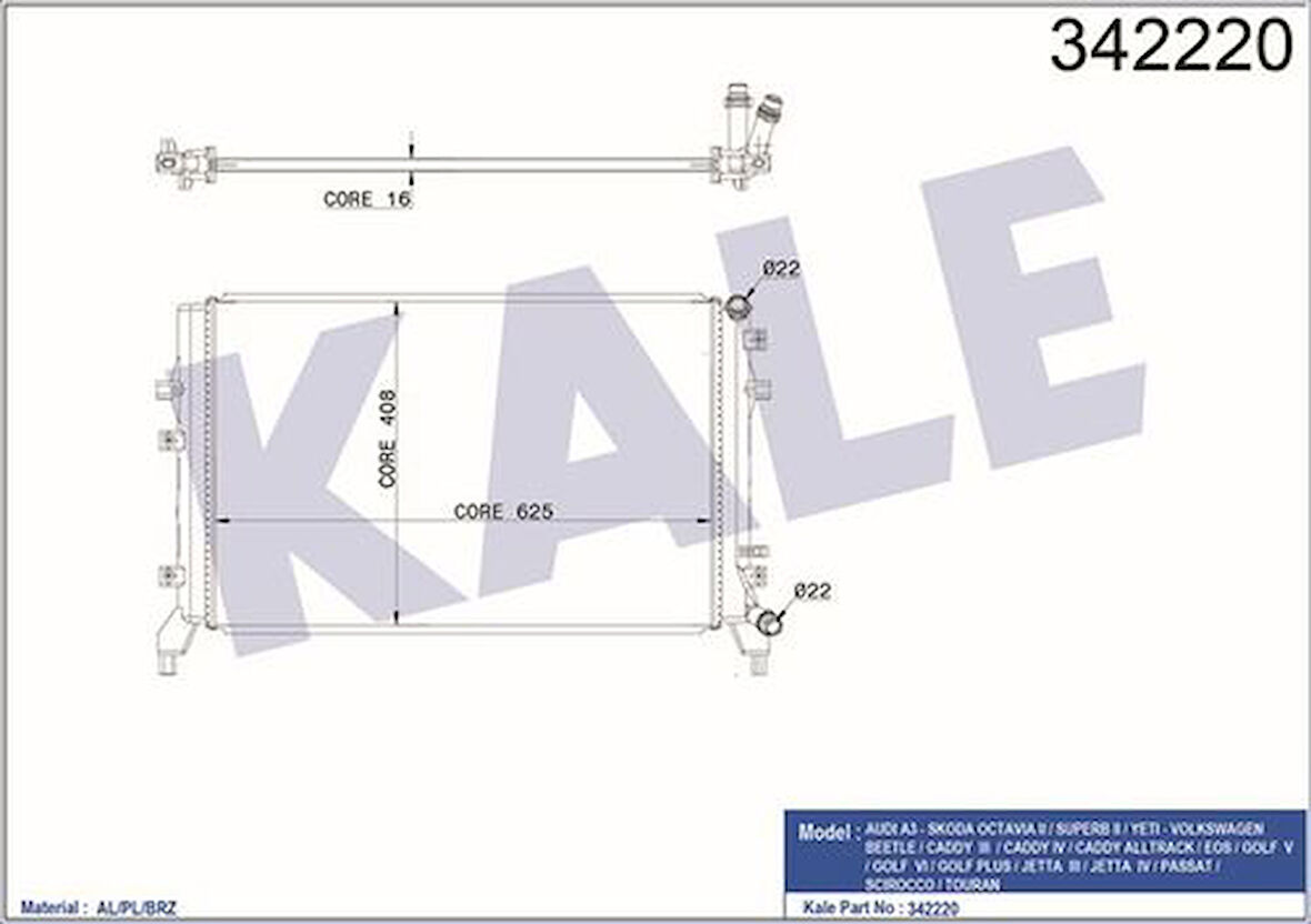 Kale 342220 Motor Radyatörü Golf V VI Octavia A3 Rapid Superb 1.2 1.4TSI 07- 1K0121251BN