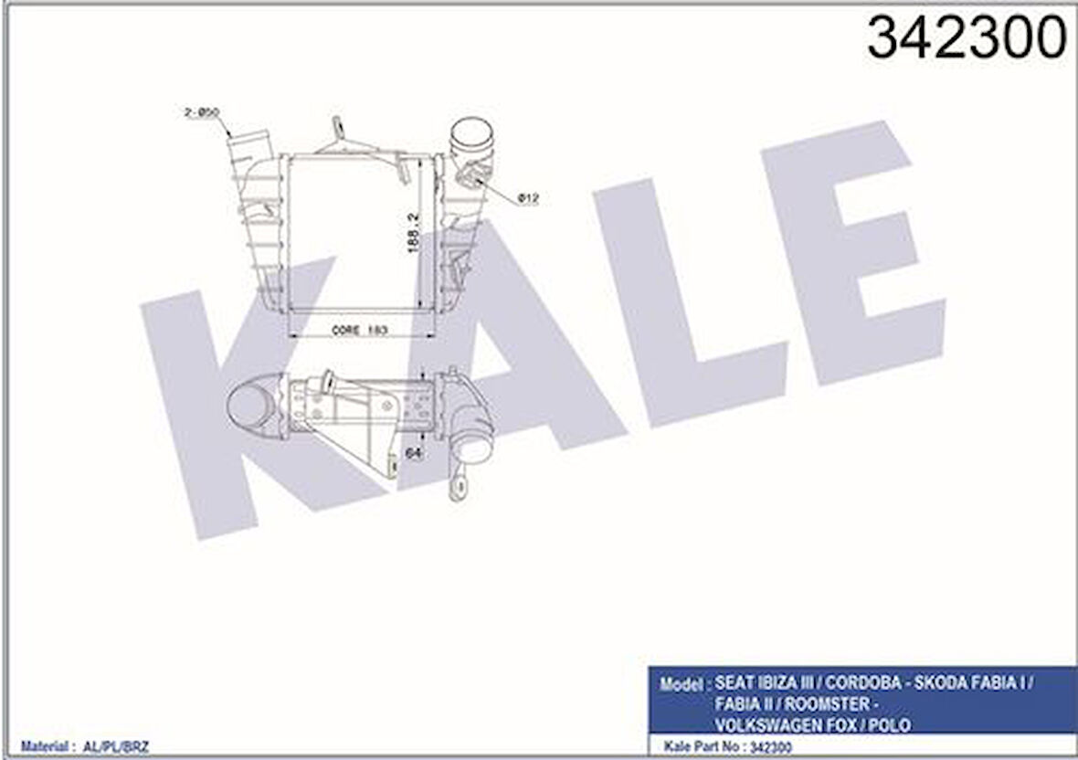 Kale 342300 Turbo Radyatörü Polo Cordoba Fabia 1.4TDI 1.9TDI 02- 6Q0145804A