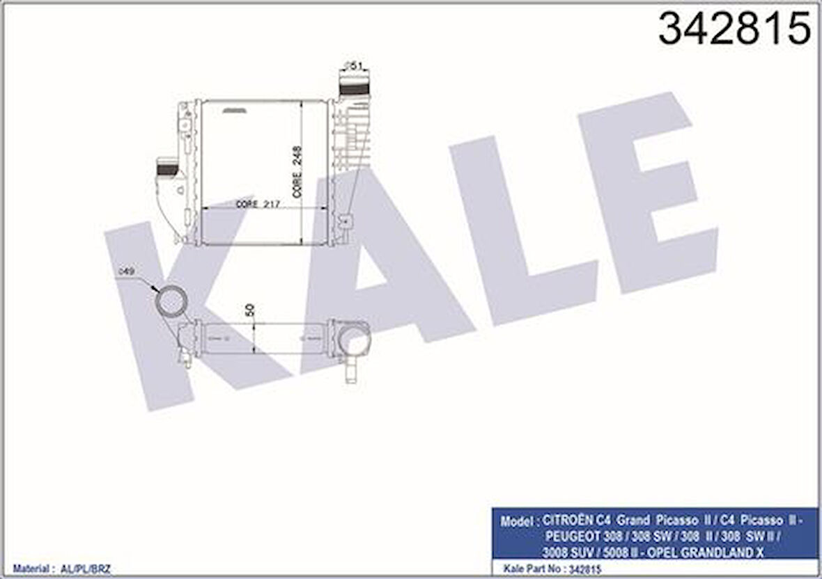 Kale 342815 Turbo Intercooler Radyatörü 308 II C4 Picasso 14-3008 II Suv 16- 9675627980