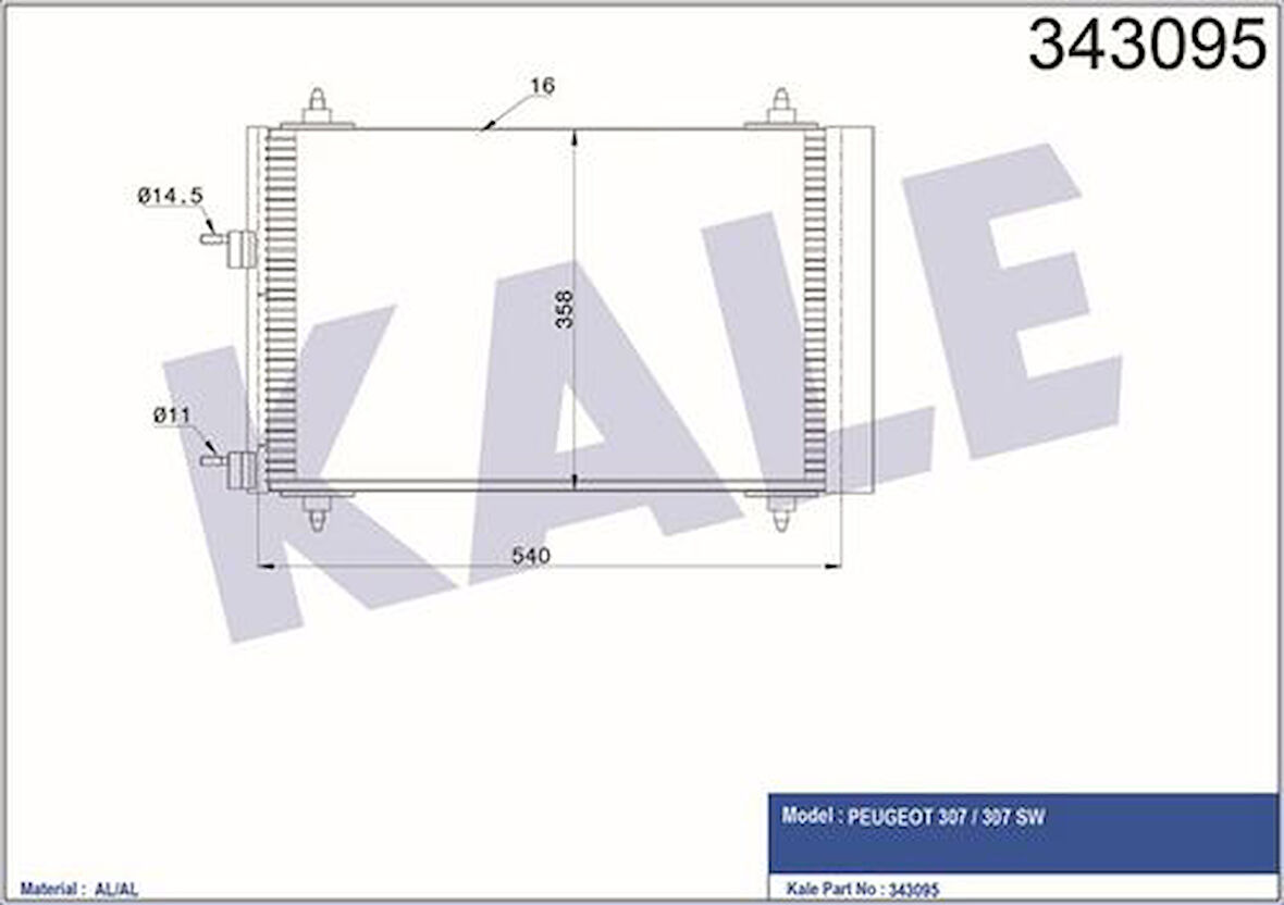 Kale 343095 Klima Radyatörü Kondanser P307 1.4L 1.6HDI 01 08 Ölçü 514x361x16 6455.AA