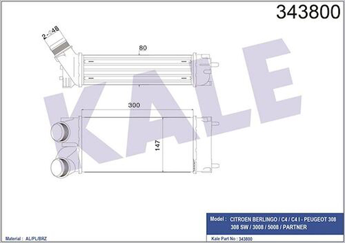 Kale 343800 Turbo Soğutucu Radyatör Intercooler Berlingo III C4 C4 Picasso 308 3008 5008 Partner Tepee 1.6HDI 08-Ölçü 300x147x76 0384L4