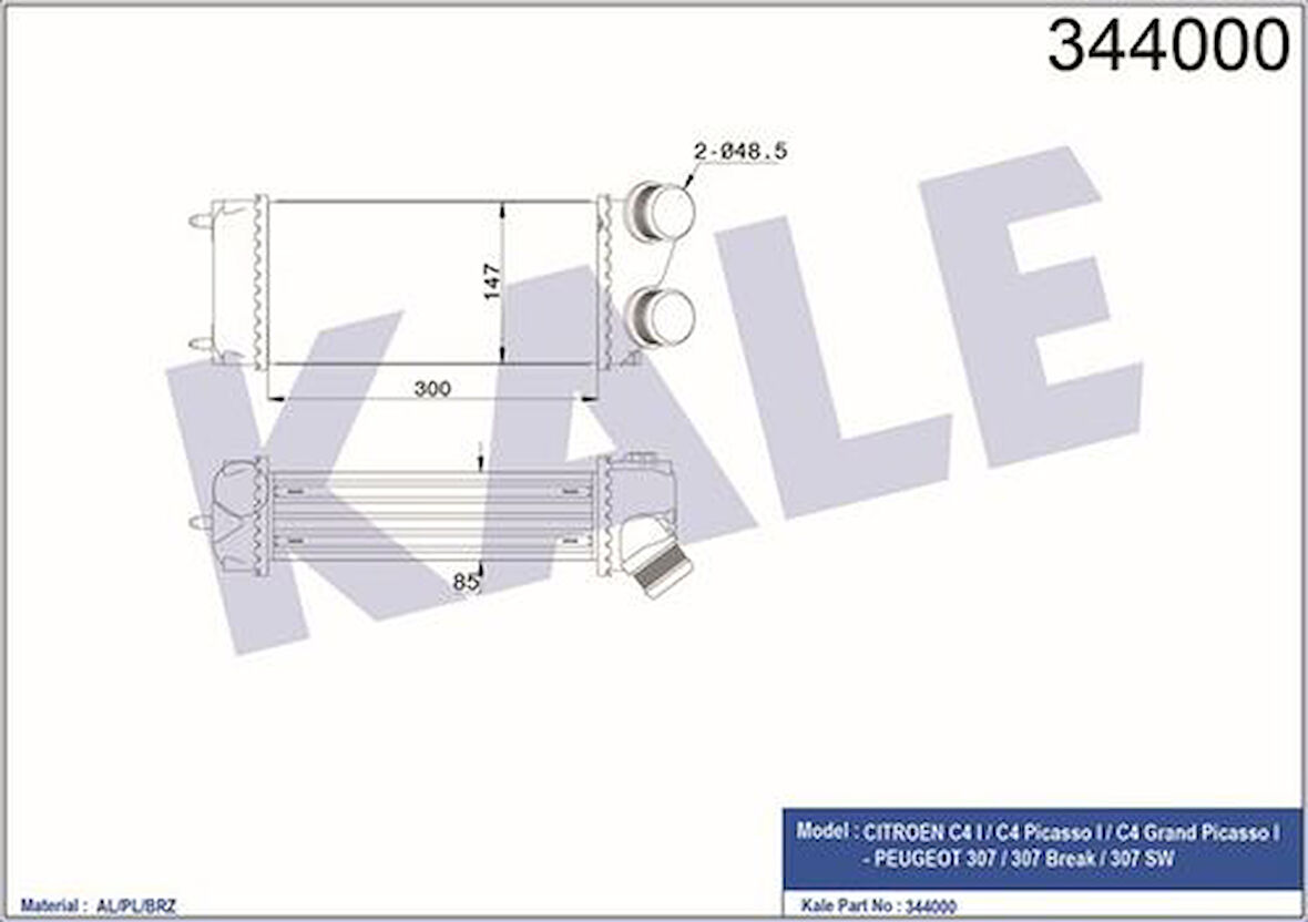 Kale 344000 Turbo Soğutucu Radyatör Intercooler P307 YM C4 C4 Picasso DV6 1.6HDI 06-Ölçü 300x147x85 9675627980