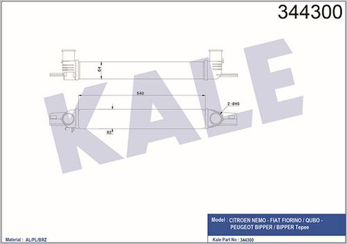Kale 344300 Turbo Intercoolerer Radyatörü Nemo Bipper Fiorino 1.3JTD Bipper Nemo 1.4HDI Ölçü 540x82x64 0384.L7