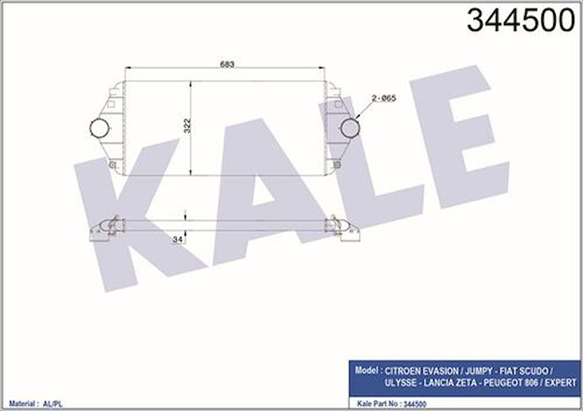 Kale 344500 Turbo Soğutucu Radyatör Intercooler Expert Jumpy Scudo 2.0HDI 1.9TD 96-99 Evasion P806 2.0HDI Ölçü 678x322x34 0384E7