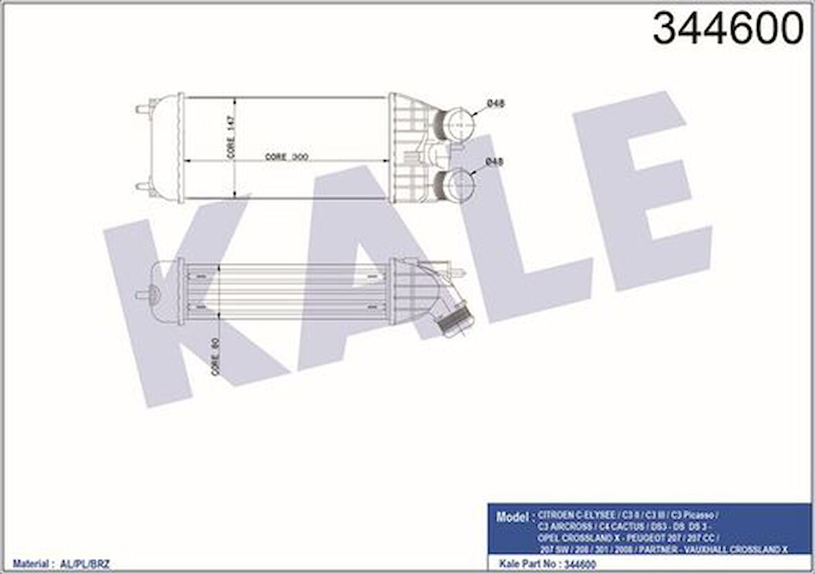 Kale 344600 Turbo Intercooler Radyatörü P301 207 208 2008 DS3 C-Elysee S3 III C3 IV C4 Cactus C3 Picasso DV6DTED DV6C 12-Ölçü 300x147x76 9803900780