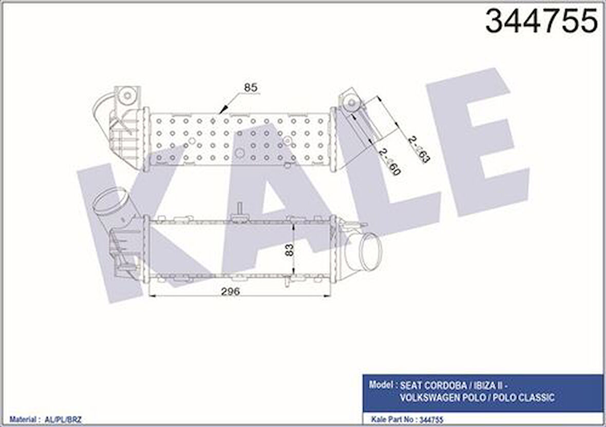 Kale 344755 Turbo Radyatörü Caddy II 1.9TDI 96-04 Polo Classic 1.9TDI 96-02 Cordoba Ibiza III 1.9TDI 99-01 6K0145805C