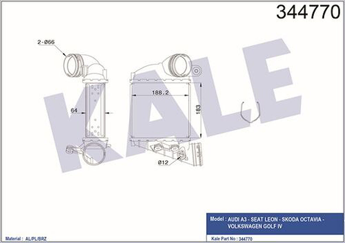 Kale 344770 Turbo Radyatörü Golf IV 00-06 Leon 05-06 Octavia 05-10 A3 00-03 1.9TDI Axr 1J0145803N