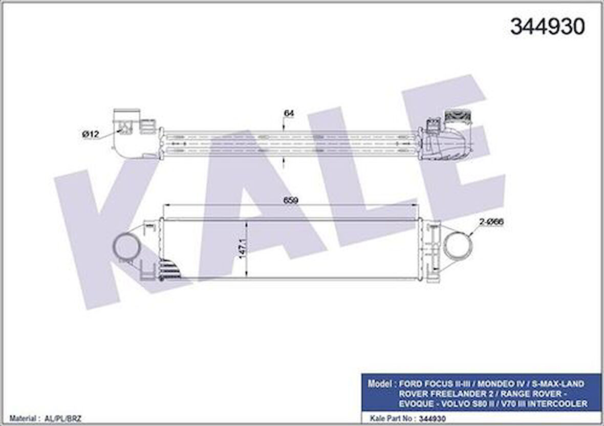 Kale 344930 Turbo Intercooler Focus III 2.0 Ivct Turbo Ecoboost 12-Volvo S80 II V40 V70 III XC70 II Land Rover Freelander 2 Range Rover Evoque 1423959