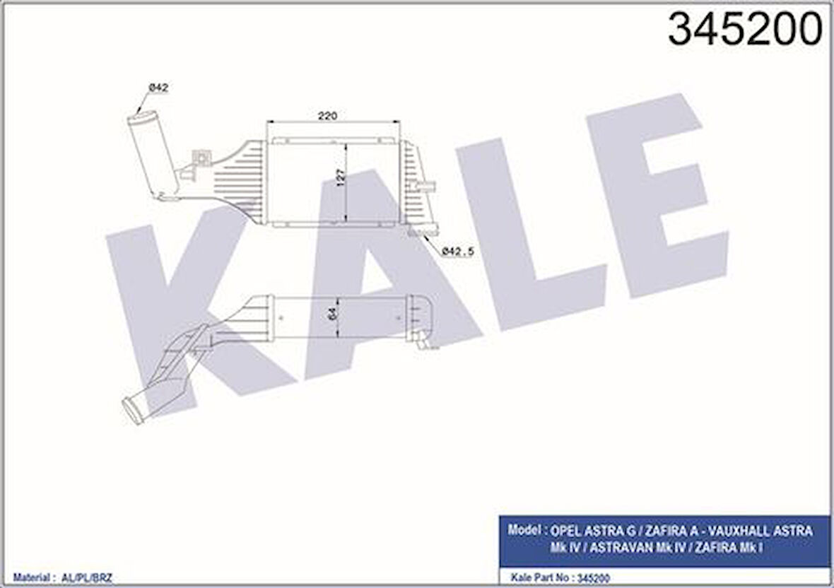 Kale 345200 Turbo Radyatörü Intercooler Astra G Zafira A 220x127x64 1302244